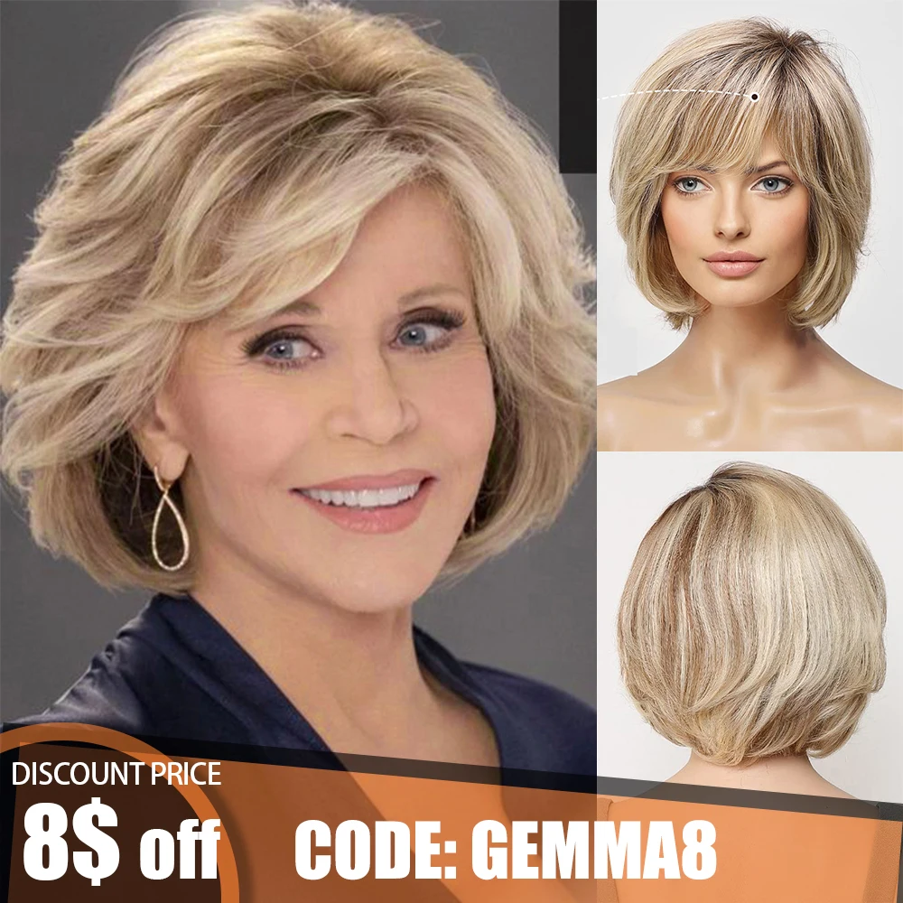 

Brown Blonde Mixed Ombre Human Hair Lace Front Wigs Short Wavy Bob Hair Glolden Blonde Remy Human Hair Wig for White Women Daily