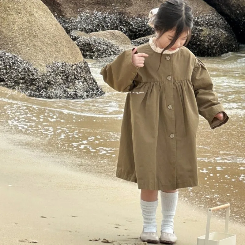 

HoneyCherry Girls Korean Lace Collar Trench Coat Spring New Senior Temperament in The Long Section of The Army Green Trench Coat