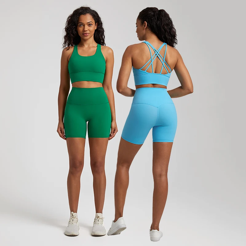 

2 Piece Buttery Soft Nylon Yoga Short Sets Women Sportswear Tracksuit Workout Clothes Push Up Sports Bra High Waist Gym Set