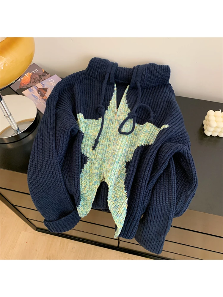 

Женский трикотажный свитер в стиле Харадзюку, свободные темно-синие вязаные толстовки с длинным рукавом, корейский винтажный джемпер Y2k, свитер, Топ