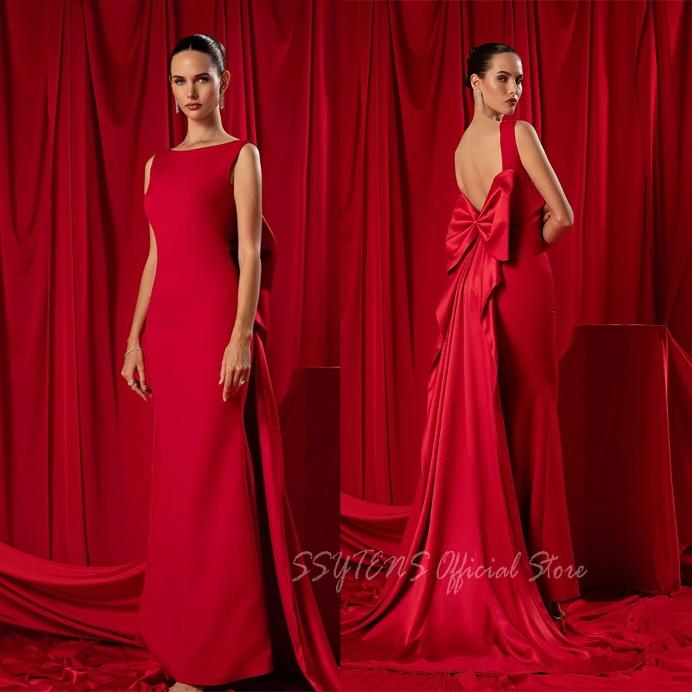 

Elegant Red Mermaid Evening Dresses O Neck Detachable Bow Train Formal Party Dress Sleeveless Satin Prom Gowns vestidos de gala