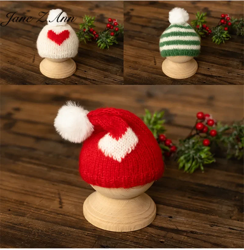 

Jane Z Ann Handmade knitted Warm heart striped pom pom twins hat Christmas theme baby studio shooting newborn photography props