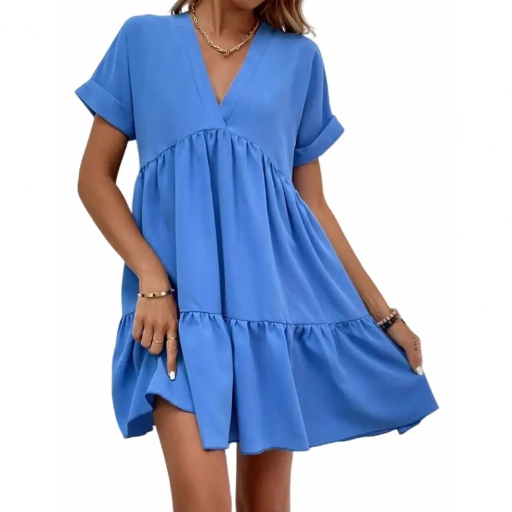 

Solid Color Dress Stylish V Neck Summer Dress with Short Sleeves A-line Silhouette for Women Loose Fit Big Swing for Dating