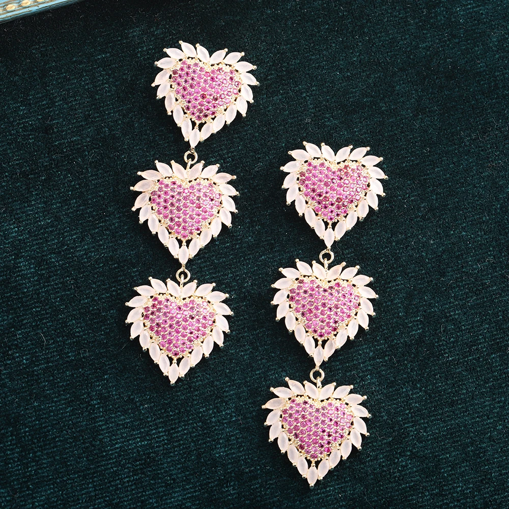 

Pink Opaque Frosted Cubic Zirconia Heart Earrings for Women Long Fringe Charm Fashion Luxury Jewelry Everyday Accessory