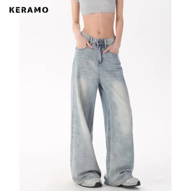 

2024 Summer Women's Harajuku Jeans Vintage High Waist Loose Casual Style Pants Y2K Wide Leg Punk Baggy Light Blue Denim Trouser