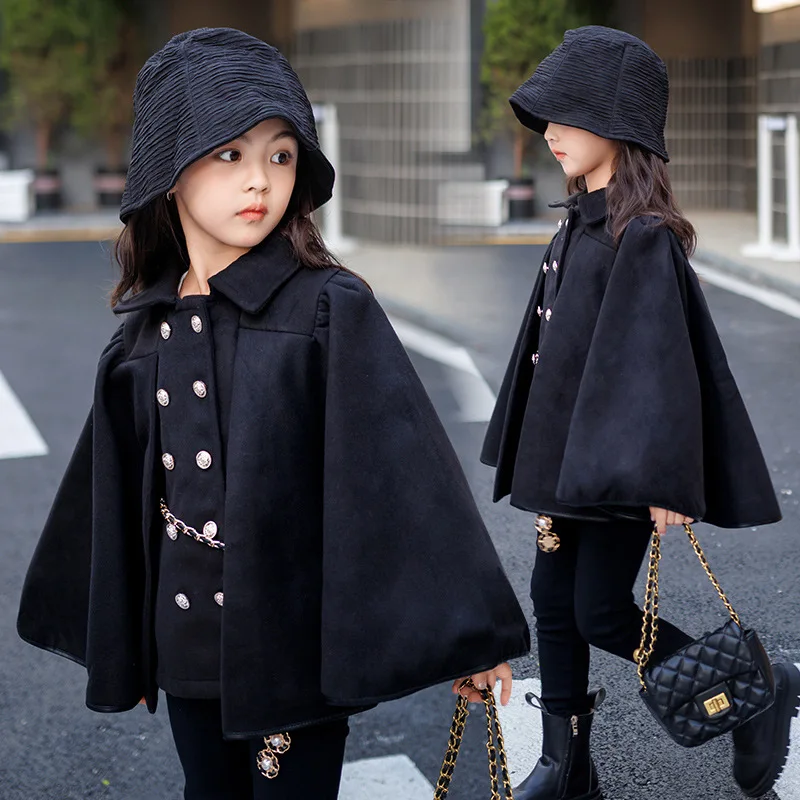 

Girls Woolen Coat Overcoat Jacket Windbreak 2023 Black Warm Thicken Winter Cotton Teenagers Outwear Children's Clothing