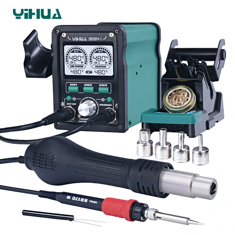 YIHUA 995D+I New Upgraded 810W Soldering Station LCD Digital Display 2 In 1 Hot Air Gun Rework 110W Soldering Iron Welding Tools
YIHUA 995D+I New Upgraded 810W Soldering Station LCD Digital Display 2 In 1 Hot Air Gun Rework 110W Soldering Iron Welding Tools