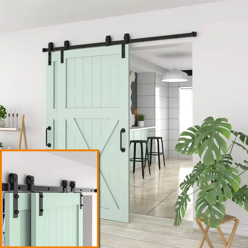 4-16FT Bypass Barn Door Slides Hardware Kit Sliding Door Hanging Track System Roller Rails for Double Door (J-Shaped) 
4-16FT Bypass Barn Door Slides Hardware Kit Sliding Door Hanging Track System Roller Rails for Double Door (J-Shaped)