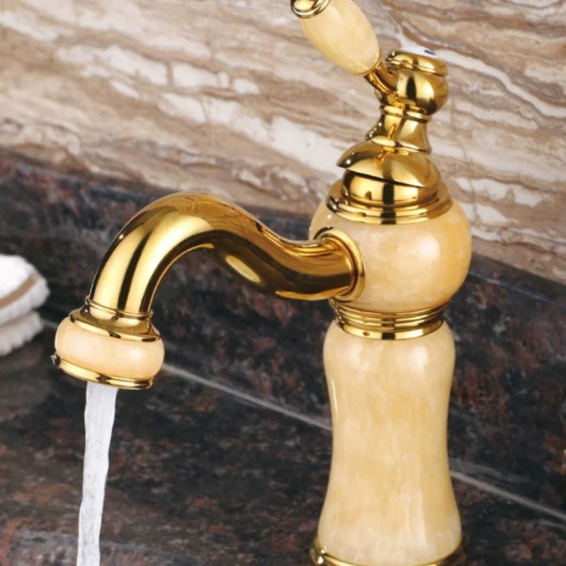 

All copper, jade, marble, basin, hot and cold water faucet, single hole pull-out rotating shampoo, gold color