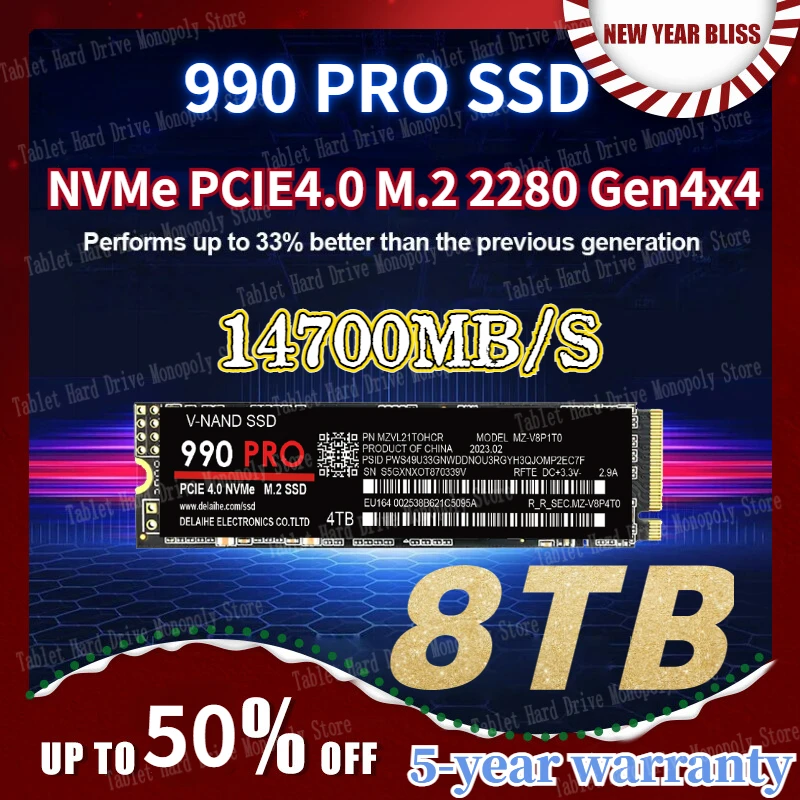 

2024 Original NVME M2 990 PRO SSD 1TB 2TB 4TB 8TB 2280 PCIe Gen 5.0 Hard Disk Internal Solid State for PlayStation 5 Laptop ps5