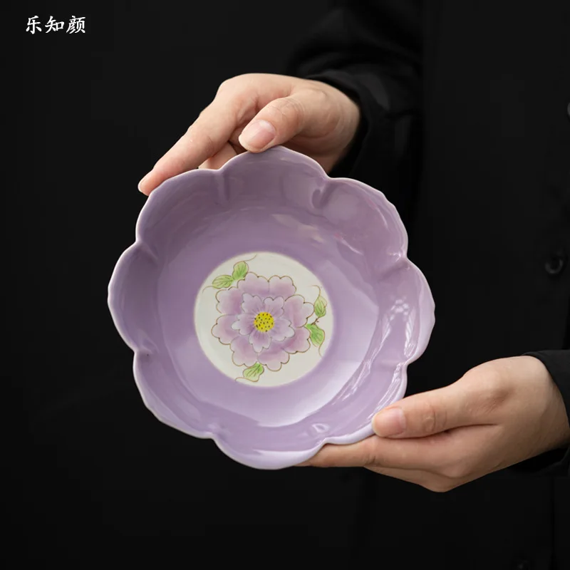 

Pot Tray Hand Painted Purple Peony Lotus Pot Tray Porcelain Pour Tureen Tea Pot Base Tea Ceremony Utensils Ceramic Tea Tray