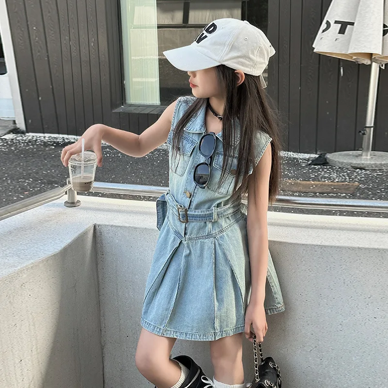 

Kids Dresses for Girls Summer Sleeveless Blue Denim Vest Dress Thin Fashion Streetwear Teenage Children Clothes 10 12 13 Years