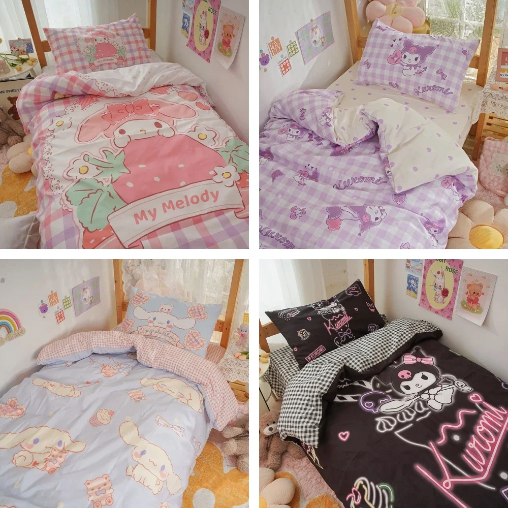 

Kawaii Sanrioed Anime Cartoon series Kuromi Cinnamoroll HelloKitty My melody student dormitory bed three-piece set, Girl Heart