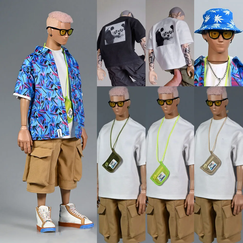 

1/6 Scale Male Fashion Hip Hop Loose Printed T-Shirt Large Pocket Cargo Shorts Pants Bucket Hat Saddlebag For 12" Action Figure