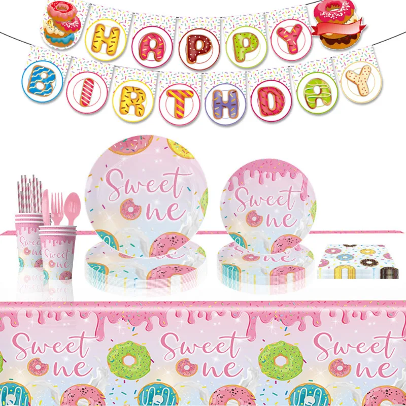 

New Donut Theme Birthday Party Decoration Supplies Paper Cup Plate Tablecloth Banner Cake Topper Balloon Baby Shower Kids Favors