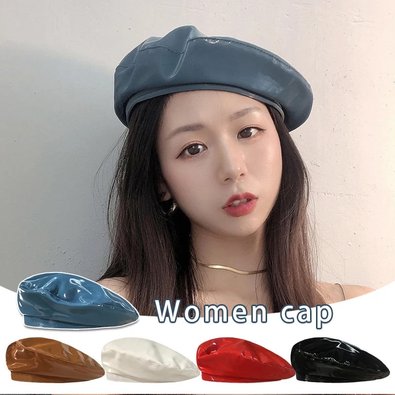 

Women Bright Leather Beret Hat Korean Version Girl Beret British Literary Retro Patent Leather Painter Cap Octagonal Hats