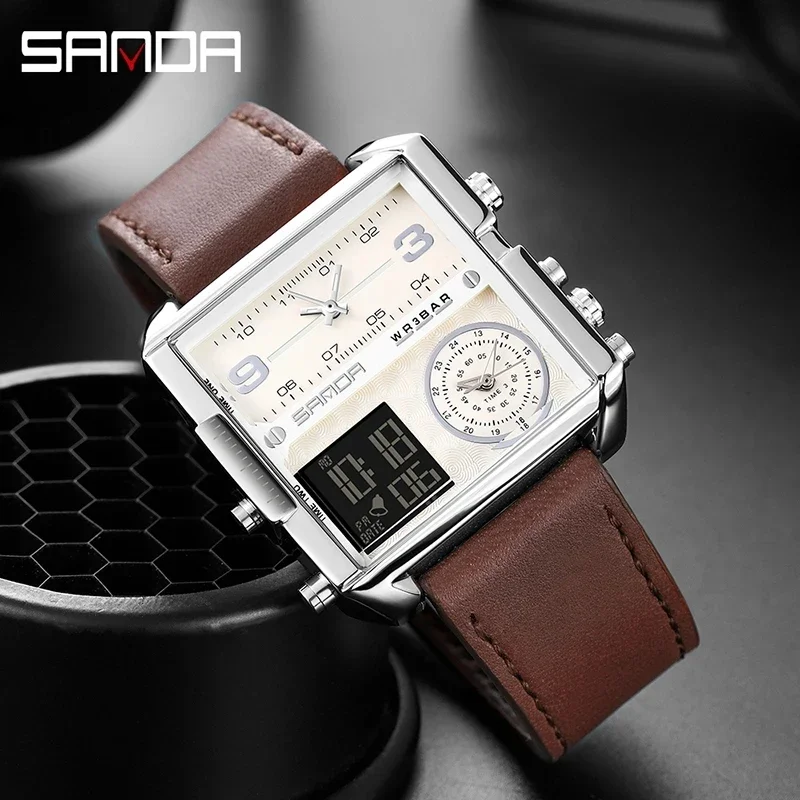 

SANDA Fashion Men Quartz Watch Brown Leather Strap Square Dial Design Three Time Mens Watches Multifunction Reloj Hombre 6023