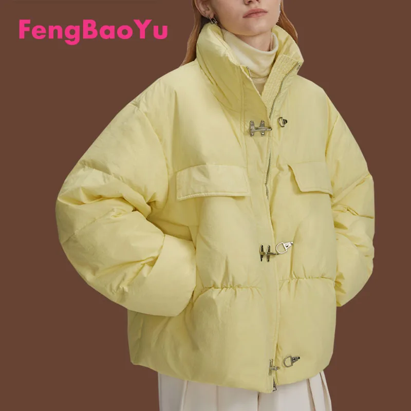 

Fengbaoyu Winter Women's Short Down Jacket White Edown Small Yellow Fashion Design Sense Bread Clothing High-end Girls Warm Coat