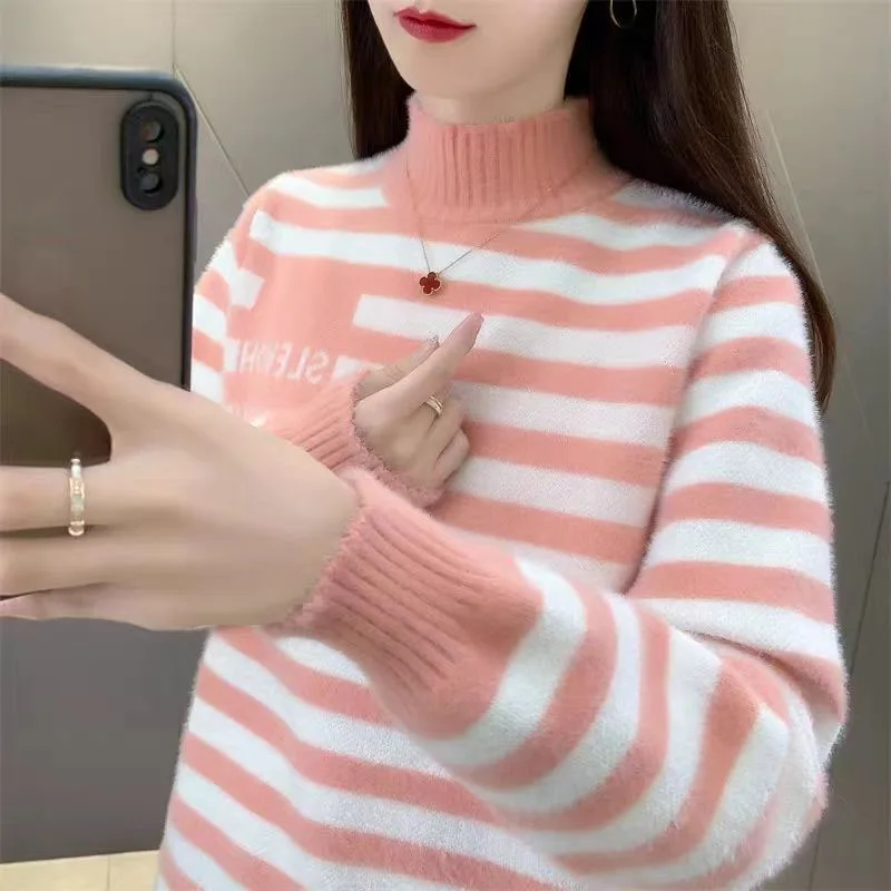 

New Autumn and Winter Fashion Trend Imitation Mink Fleece Half High Neck Loose and Versatile Western Women's Knitted Sweater