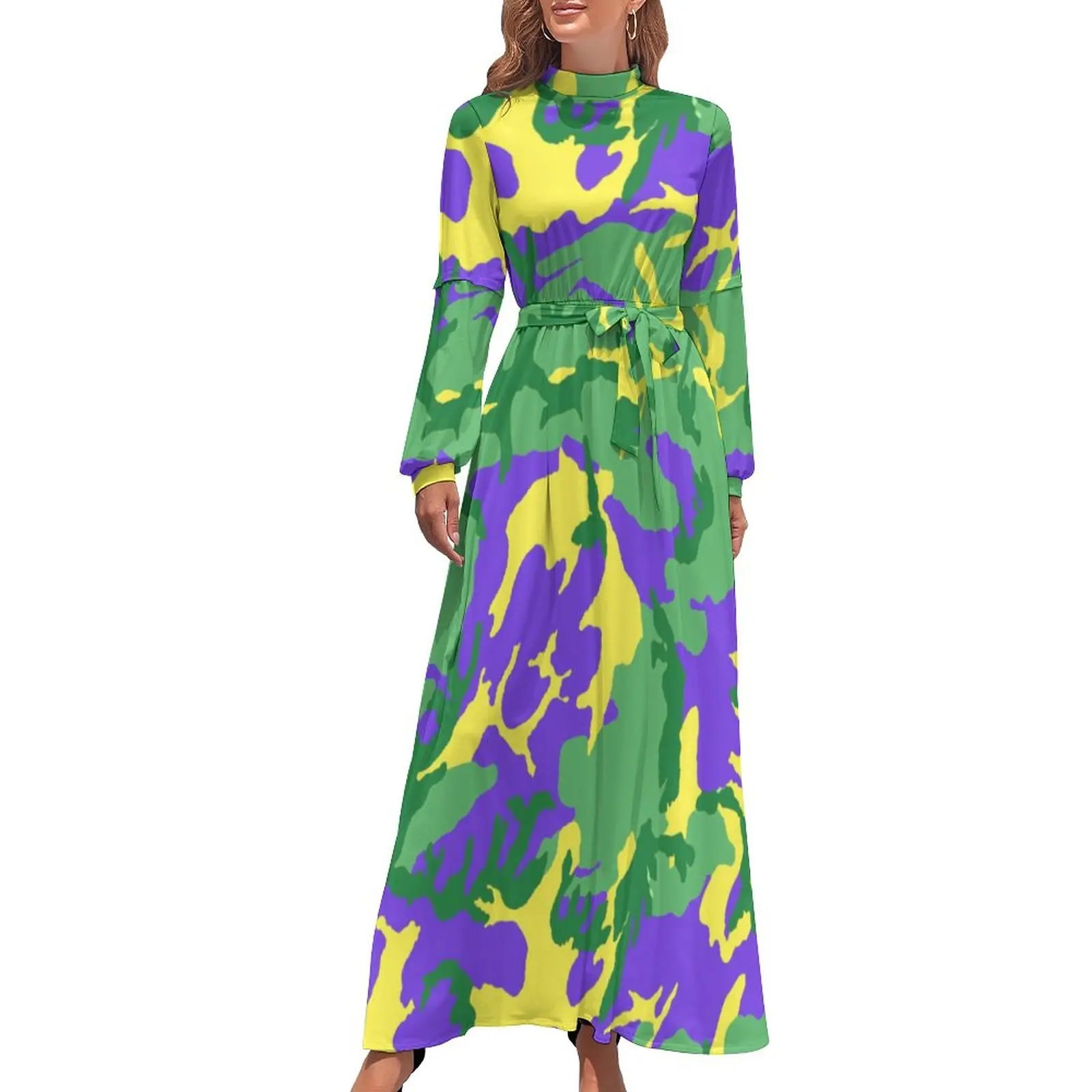 

Mardi Gras Camo Dress Colorful Camouflage Sexy Custom Maxi Dress High Neck Long Sleeve Aesthetic Boho Beach Long Dresses