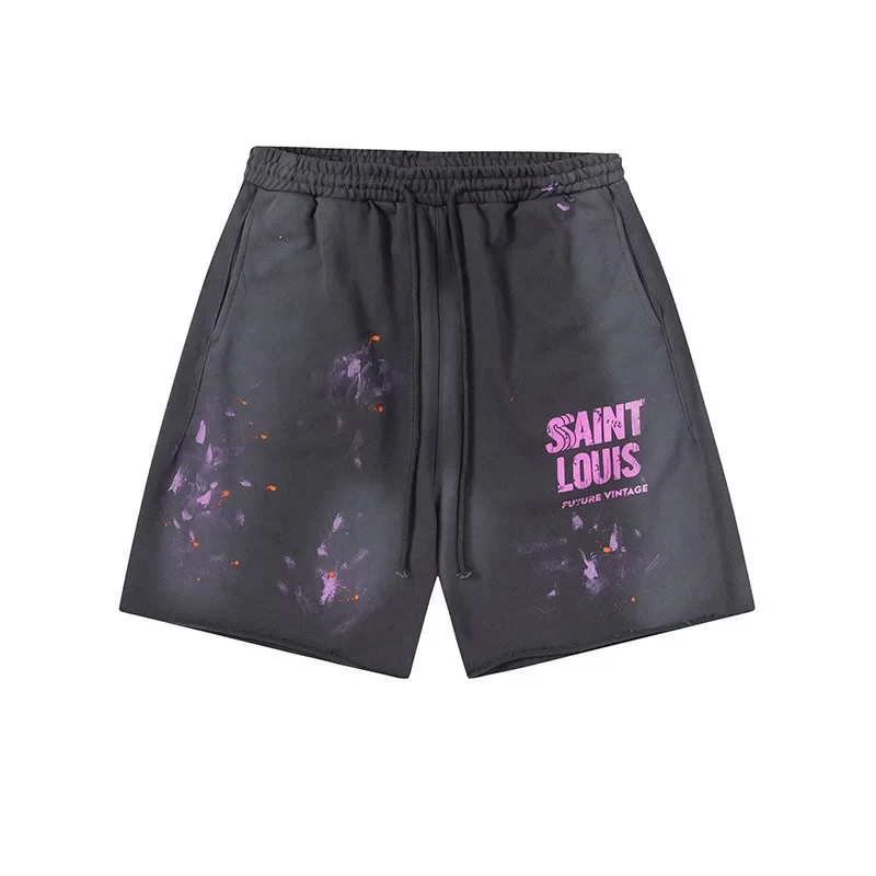 

Summer New Casual Unisex SAINT LOUIS Handmade with Dirty Splash Damage Logo Split Pants Sports Shorts