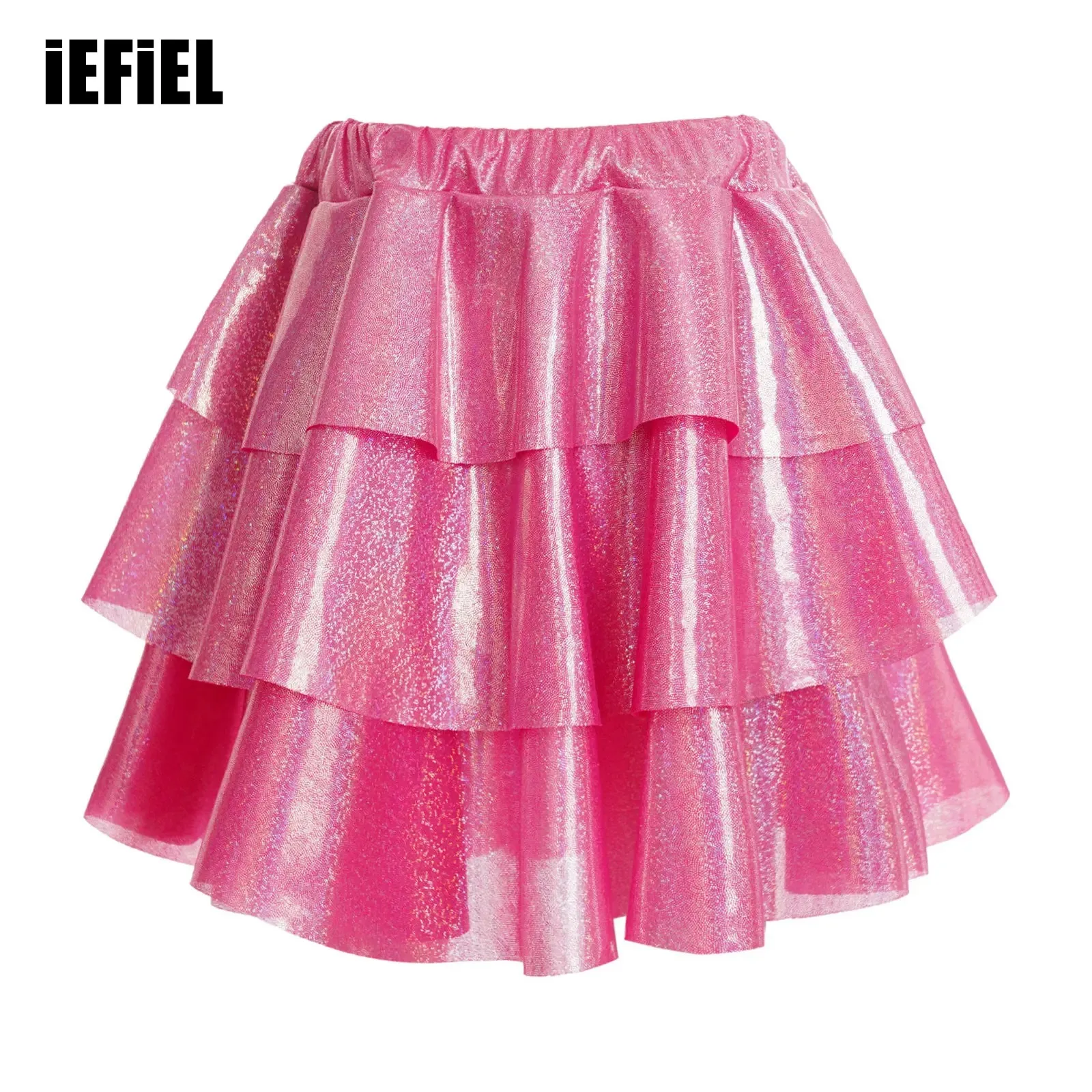 

Kids Girls Metallic Layered Ruffled Skirt Shiny Elastic Waistband Tiered Skirts for Dance Stage Performance