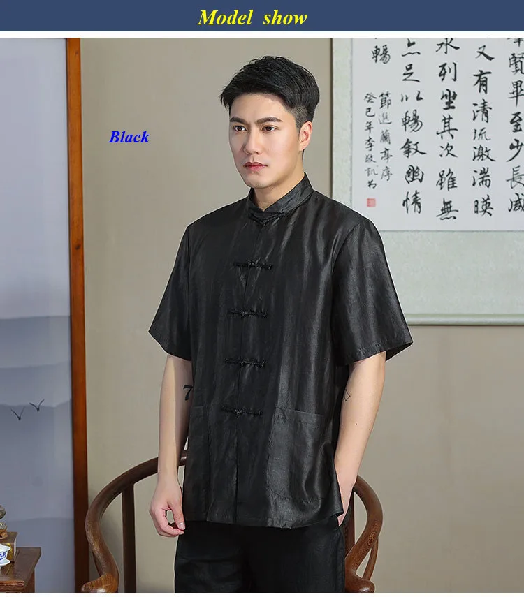 

100% wateredgauze silk male black shirt,gambiered Guangdong silk short-sleeve shirts man,silk standing collar men shirt