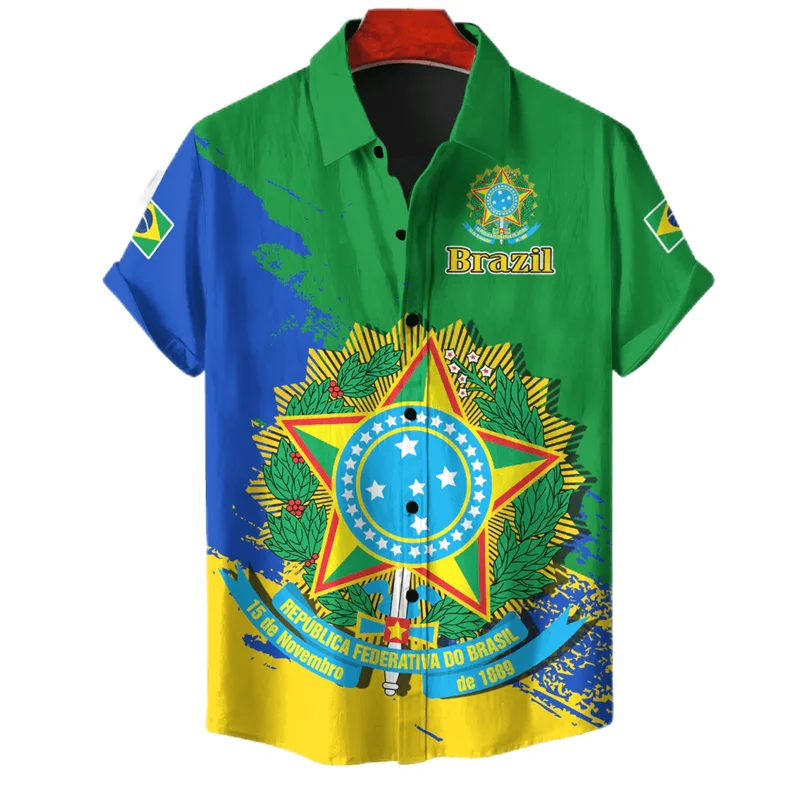 

Brazil Flag Map Graphic Shirts For Men Clothes Casual Hawaii Short Sleeve Shirt Brazilian National Emblem Lapel Blouse Male Tops