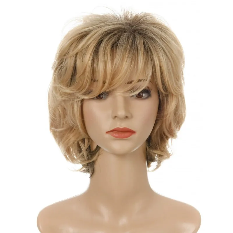 

Short Blonde Synthetic Hair Wigs With Side Swept Bangs for Women Female Haircut Puffy Straight Natural wig