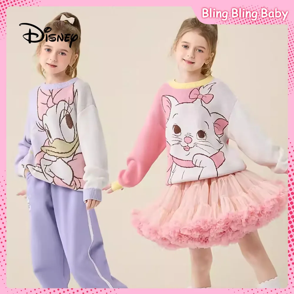 

Disney Marie Cat Daisy Duck Knit Crew Neck Sweater Long Sleeve Autumn Winter Pullovers Casual Cartoon Childrens Fashion Clothing