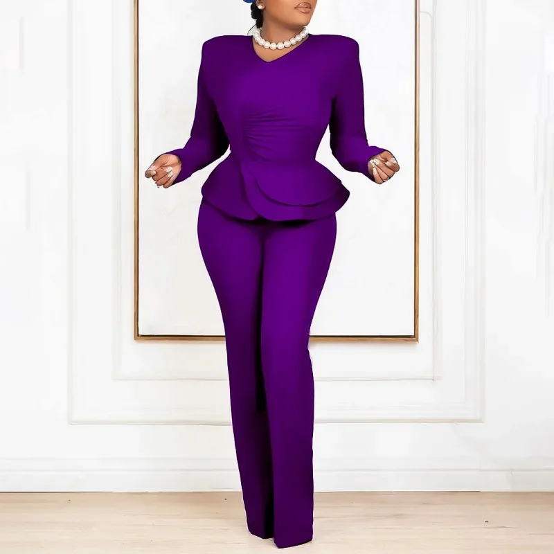 2024 Fashion Office Ladies Two Piece Set Women Casual Solid V Neck Ruffle Top Wide Leg Pants Two Piece Set African Women
2024 Fashion Office Ladies Two Piece Set Women Casual Solid V Neck Ruffle Top Wide Leg Pants Two Piece Set African Women