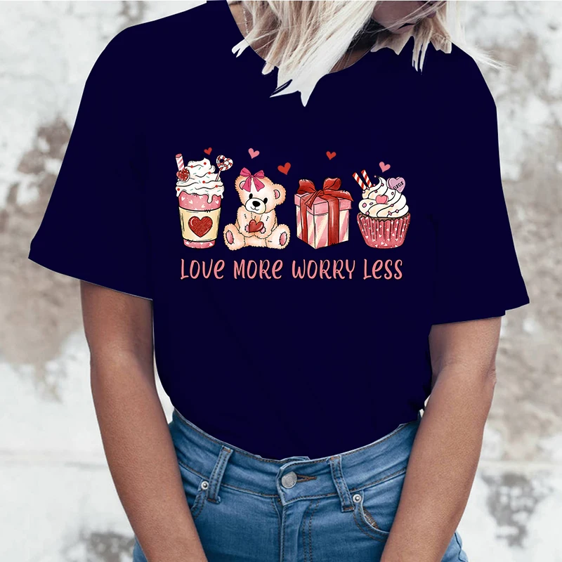 

(High quality T-shirts)Cute Valentine'S Day Love More Worry Less Print T-Shirts For Women Summer Lovely Short Sleeve Casual T