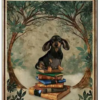 레트로 금속 주석 사인 포스터, 책 위에서 홀로 살 수 없는 여성 닥스훈트 강아지 그림 벽 rt, 여전 필요