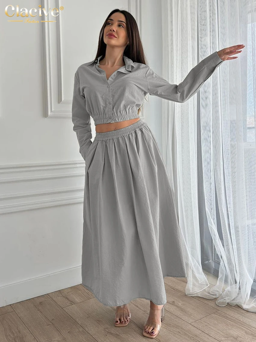 

Модный свободный серый комплект Clacive из 2 предметов, женская одежда 2024, элегантный укороченный топ с длинным рукавом и длинная юбка с высокой талией, Женский комплект