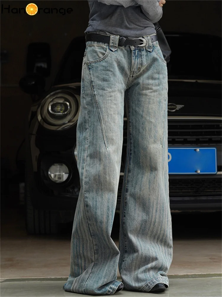

HanOrange 2024 Spring Retro Distressed Striped Low Waist Flare Jeans Women Long Denim Pants Vintage Blue