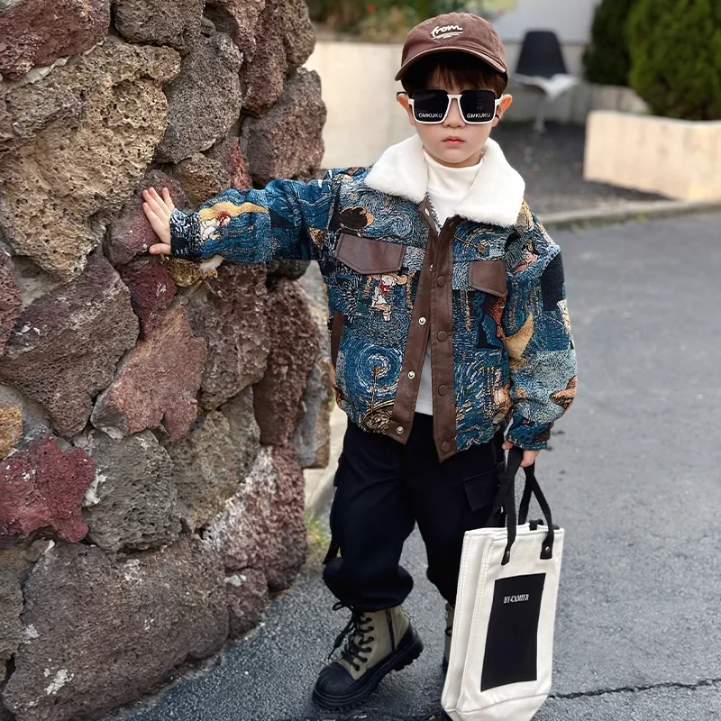 

Boys' PU Leather Jacket Plush Imitate Wool Lining Autumn Winter Handsome And Stylish Clothing Thick Denim Lapel Cotton Coat