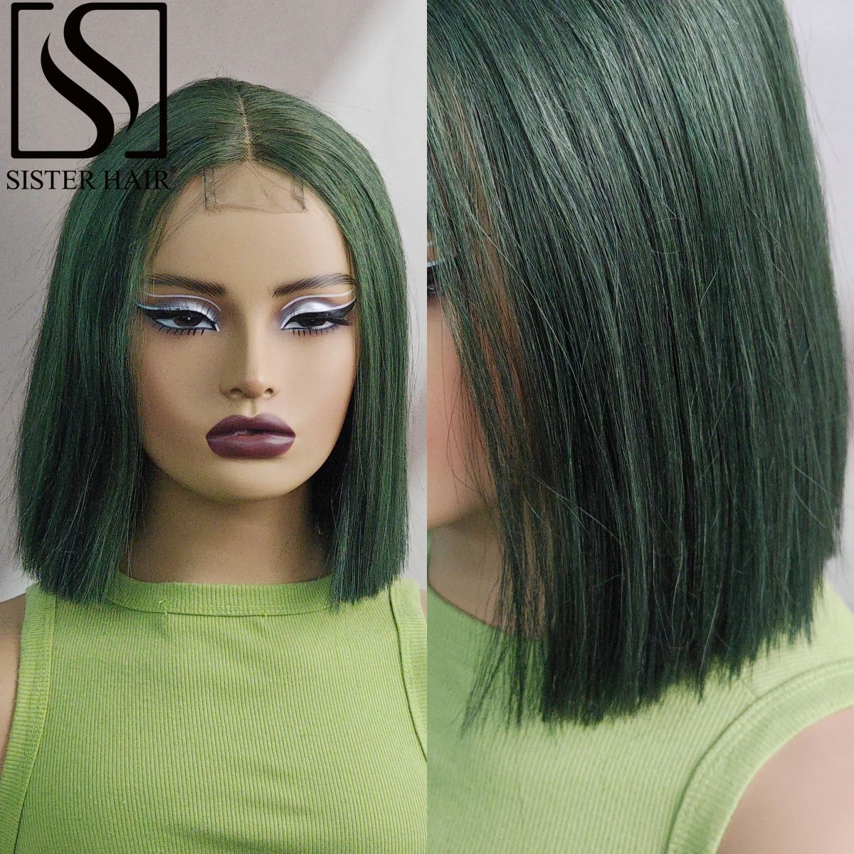 

180% Density Straight Bob Wigs Green Human Hair Wig 2x6 Lace Short Straight Colored Bob Wig PrePlucked Brazilian Women Hair Wigs