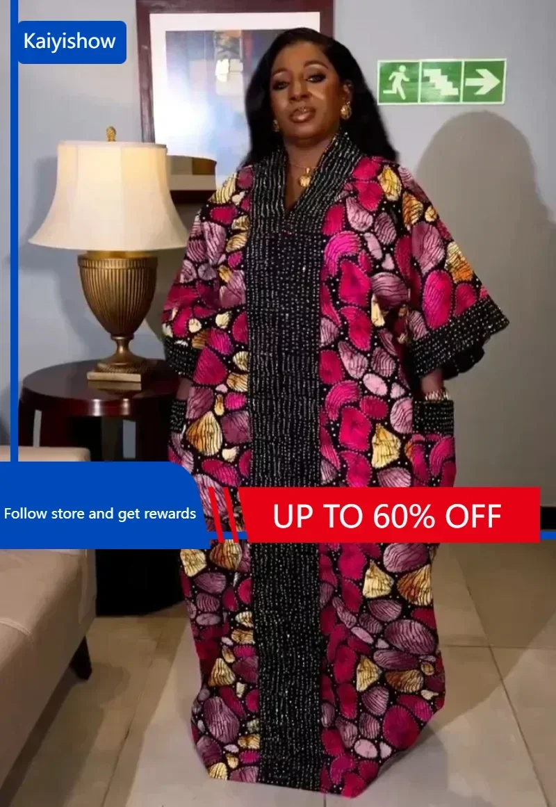 

Plus Size Abaya Women's Colorblock Allover Geomtric Print Bat Sleeve V Neck Maxi Muslim Kaftan Dress