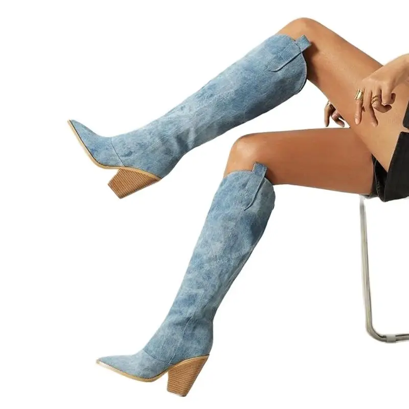 Blue Denim Knee High Boots Pointed Toe Shoes for Women Chunky High Heels Sexy Lady Fashion Shoes 2023 Zapatos Para Mujere
Blue Denim Knee High Boots Pointed Toe Shoes for Women Chunky High Heels Sexy Lady Fashion Shoes 2023 Zapatos Para Mujere