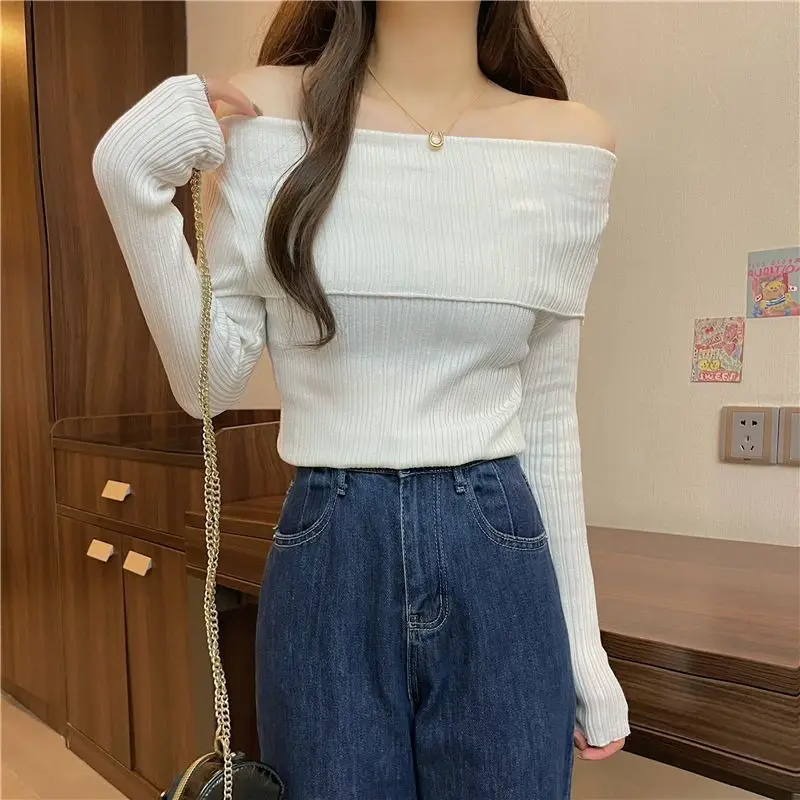 

Women's Spring/autumn Pullover Slash Neck Paisley Solid Long Sleeve Sweater Knitted T-shirt Fashion Casual Elegant Sexy Tops