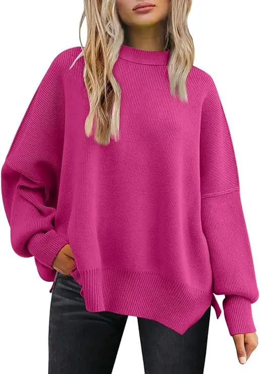 

Women's Crewneck Batwing Long Sleeve Sweaters 2023 Fall Winter Black Khaki Yellow Oversized Ribbed Knit Side Slit Pullover Tops