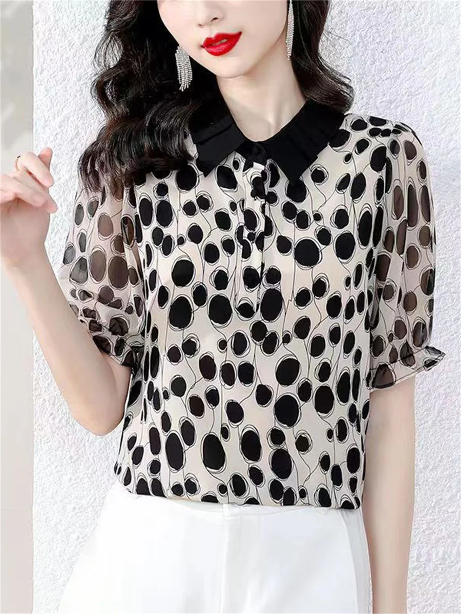 

Woman Summer Style Chiffon Blouses Tops Lady Casual Short Sleeve Peter Pan Collar Leopard Printed Blusas Tops ZZ1413