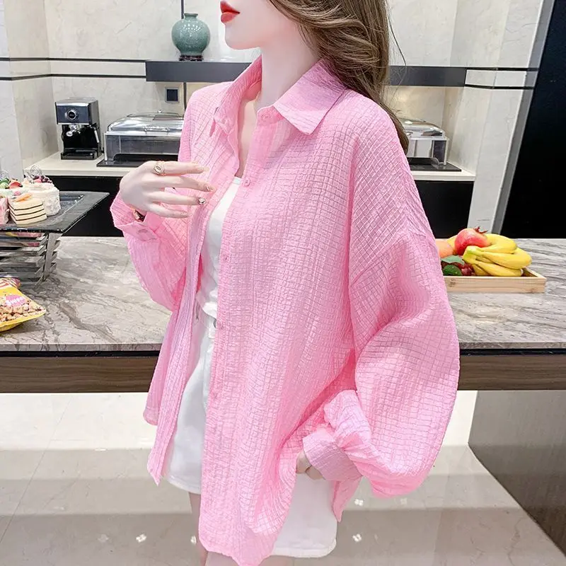 Turn-down Collar Blouses Pladid Shirts Summer Fashion Sunscreen Ladies Casual Tops Straight Cardigan Women Clothing R54
Turn-down Collar Blouses Pladid Shirts Summer Fashion Sunscreen Ladies Casual Tops Straight Cardigan Women Clothing R54