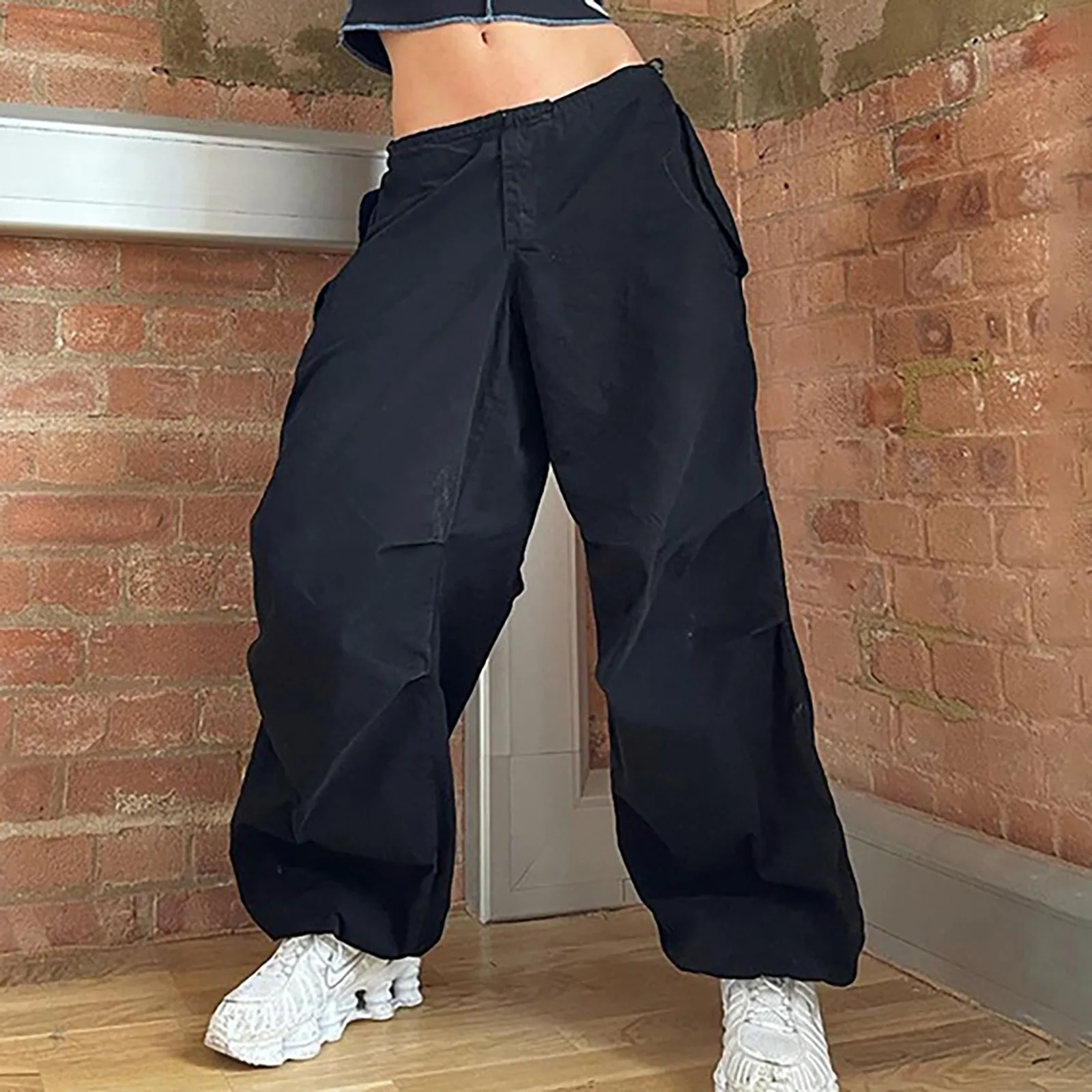 

2024 Women Casual Joggers Tech Pants Solid Low Waist Pants Drawstring Wide Leg Baggy Trousers Y2k Streetwear Oversize Sweatpants