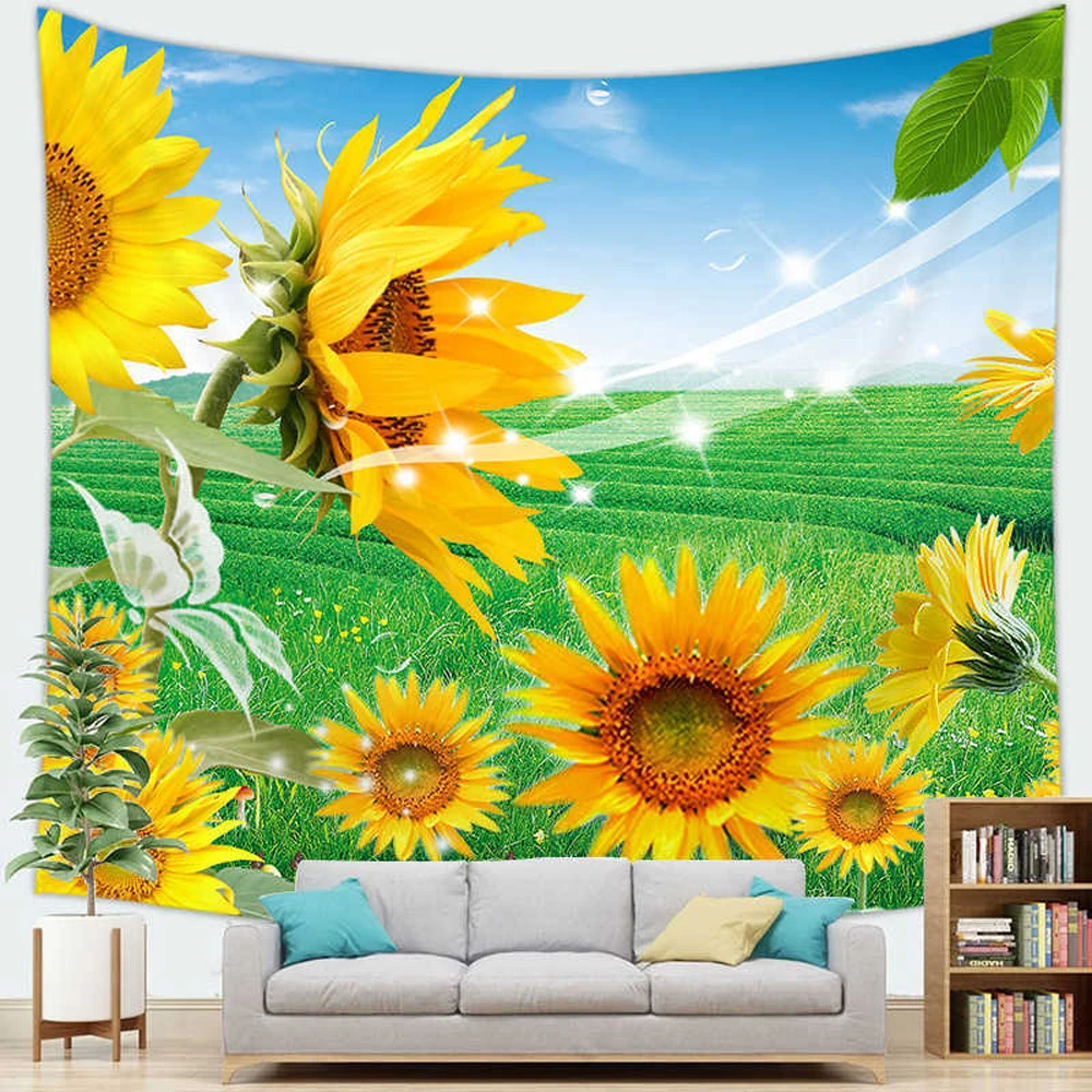 

Golden Yellow Sunflowers Tapestry Sunset Field Warm Yellow Floral Plant Tapestries Bedroom Living Room Dorm Decor Wall Hanging