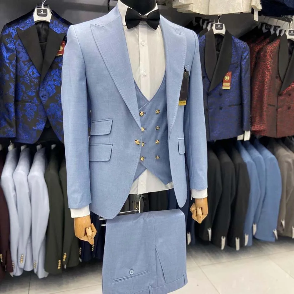 

Slim Fit Solid Color Men Suits One Button Peak Lapel Elegant 3 Piece Jacket Pants Vest Full Set High Quality Male Clothing Terno