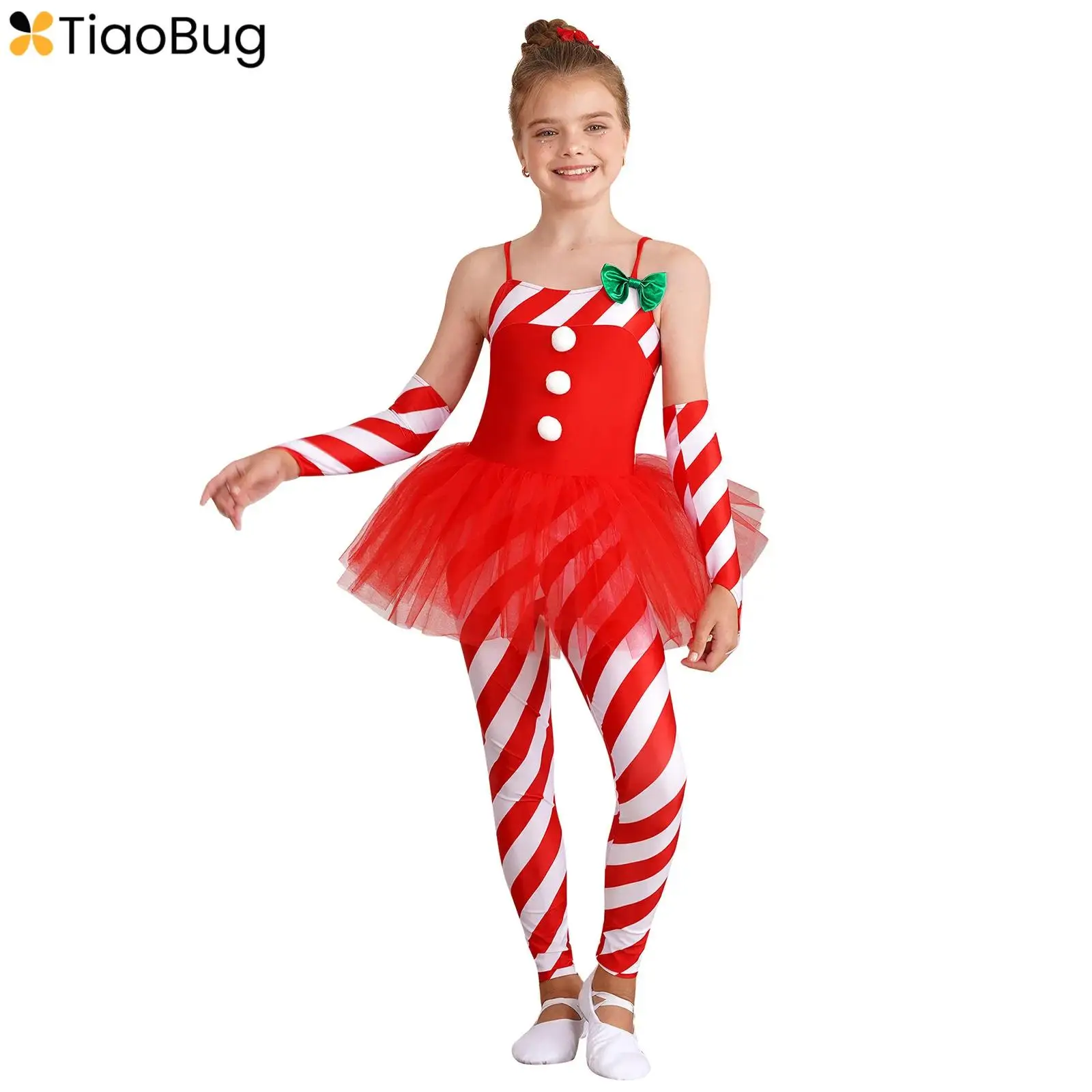 

Kids Girls Candy Cane Striped Christmas Costume Jumpsuit Xmas Mrs Claus Bodysuit Dance Gymnastic Tutu Leotard with Arm Sleeves