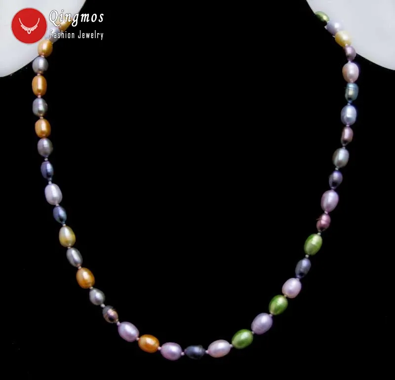 

Qingmos 6mm Rice Natural Freshwater Multicolor Pearl Necklace for Women with Genuine Pearl Jewelry 17'' Chokers