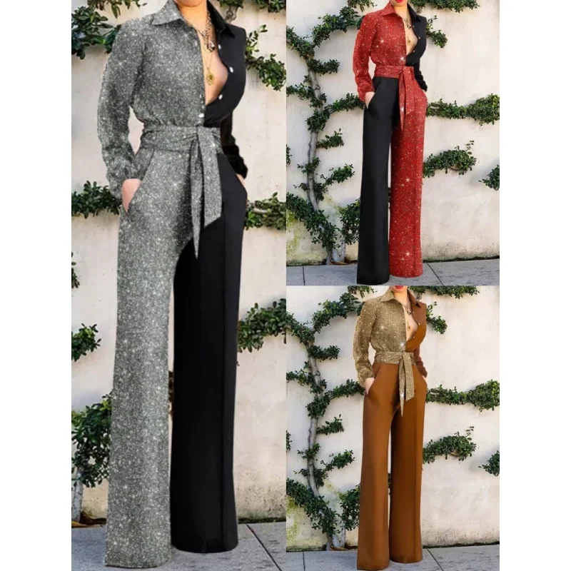 

Elegant Women Sequins Jumpsuit Onepieces Y2K Chic Clothes Autumn Winter Long Sleeve Corset Lace Up Wide Leg Pants Overalls