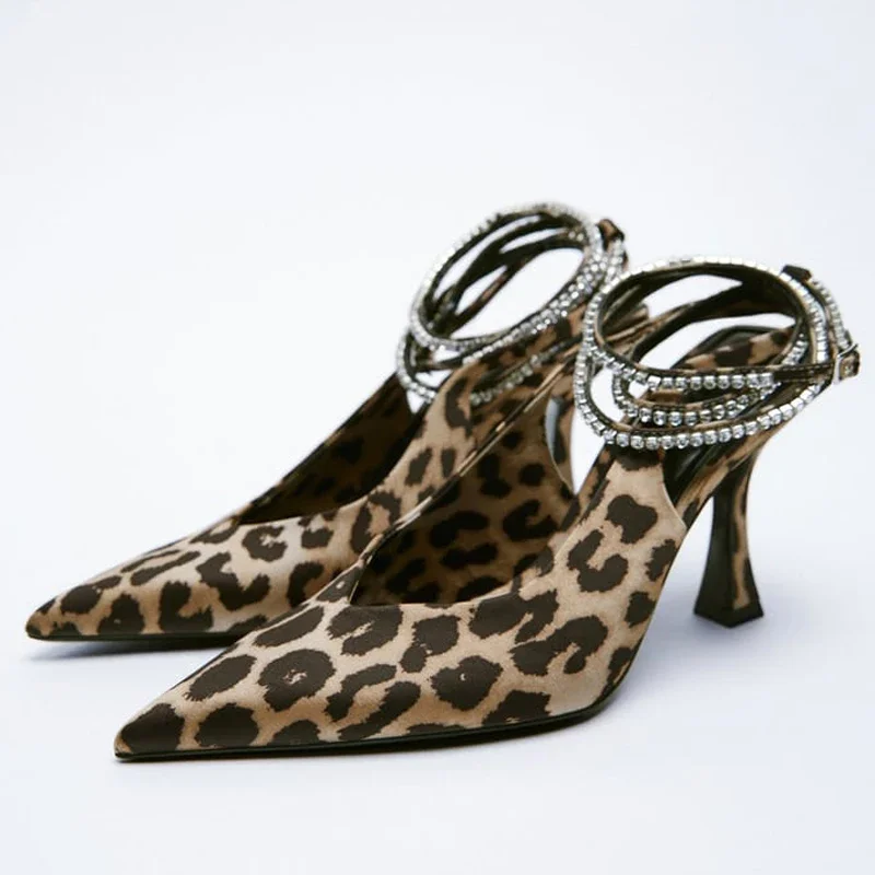 

TRAF 2023 Woman Leopard print High Heels Transparent Heels Women Pumps Rhinestone Spring Butterfly Heels Slingback Heeled Shoes
